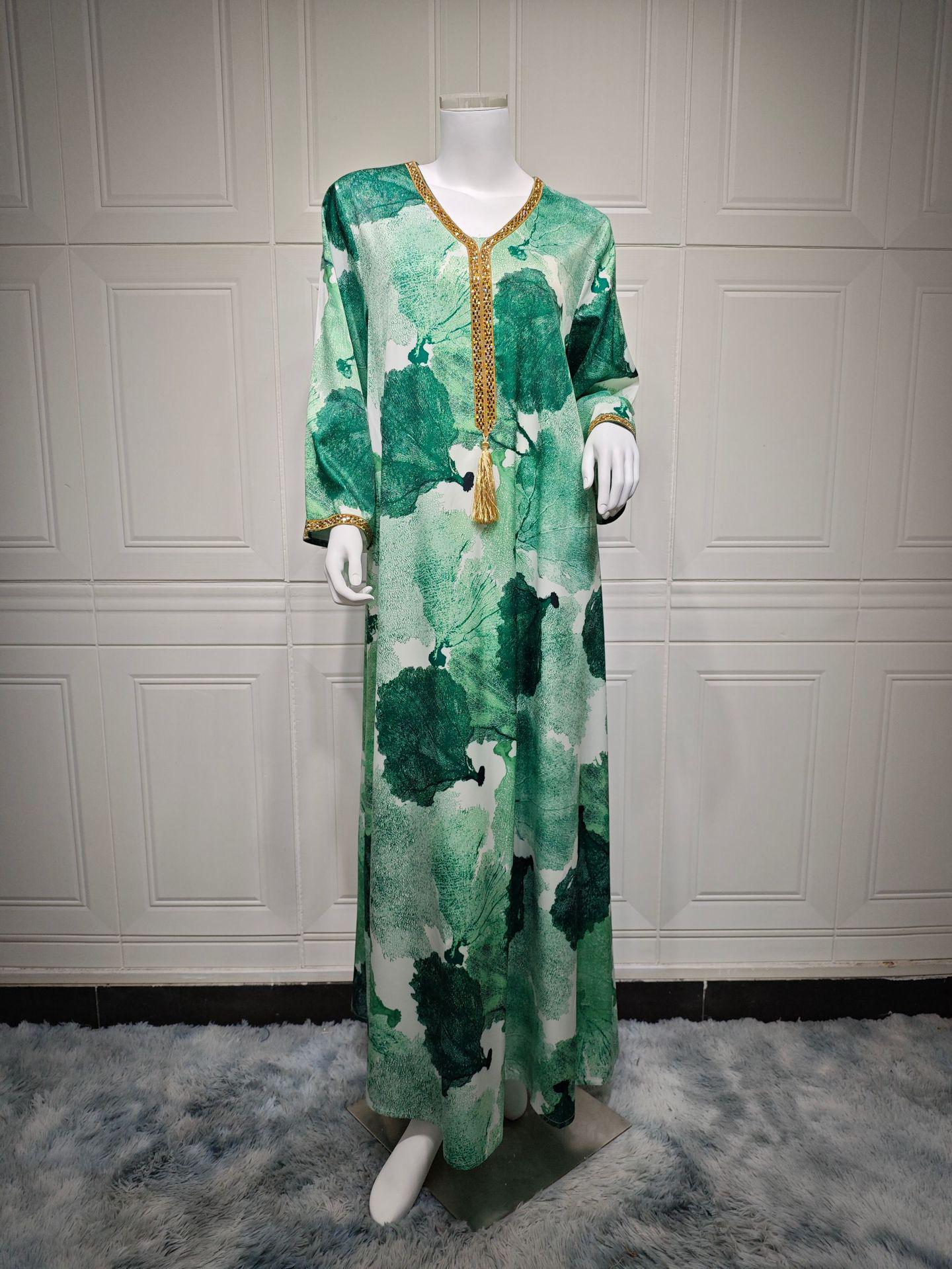 

AB384 Женский атласный халат миди большого размера в ближневосточном стиле с модным принтом и отделкой горячей фиксации XXL зелёный