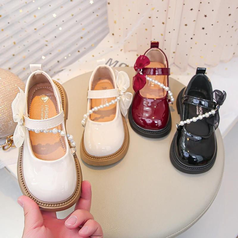 New Girls Party Dresses Mary Jane Shoes Sweet Bowknot Children's Leather Shoes Elegant Kids Fashion Causal Shoes Wine Red Trend
