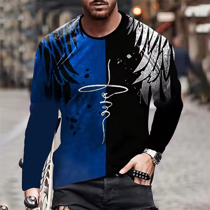 Cross Wings Pattern T-Shirt For Men Jesus Christ 3D Printed T Shirts Autumn Casual Long Sleeves Oversized Round Neck Tops Tees