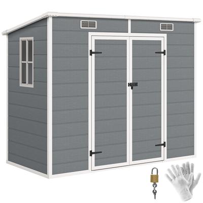 2.4 X 1.3 M Garden Shed, Plastic Garden House with Floor, Window, Lockable Doors, for Garden, Patio, Grey
