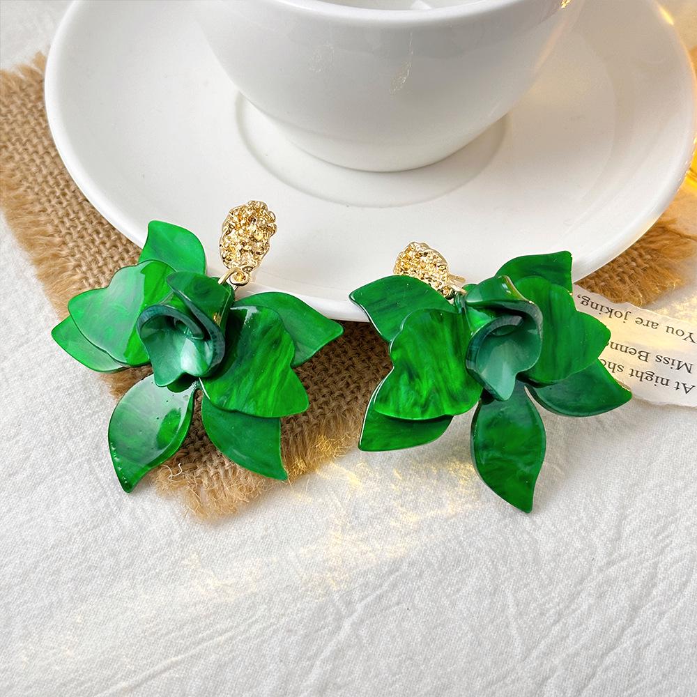 High-Grade Green Floral Pearl Earrings - Silver Needle Lily of the Valley and Tulip Design