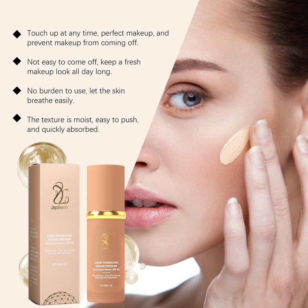 zephoco Liquid Foundation SPF 50 Sunscreen Serum: Medium Spectrum Moisturizing Base Makeup with Aloe & Hyaluronic Acid, 30g