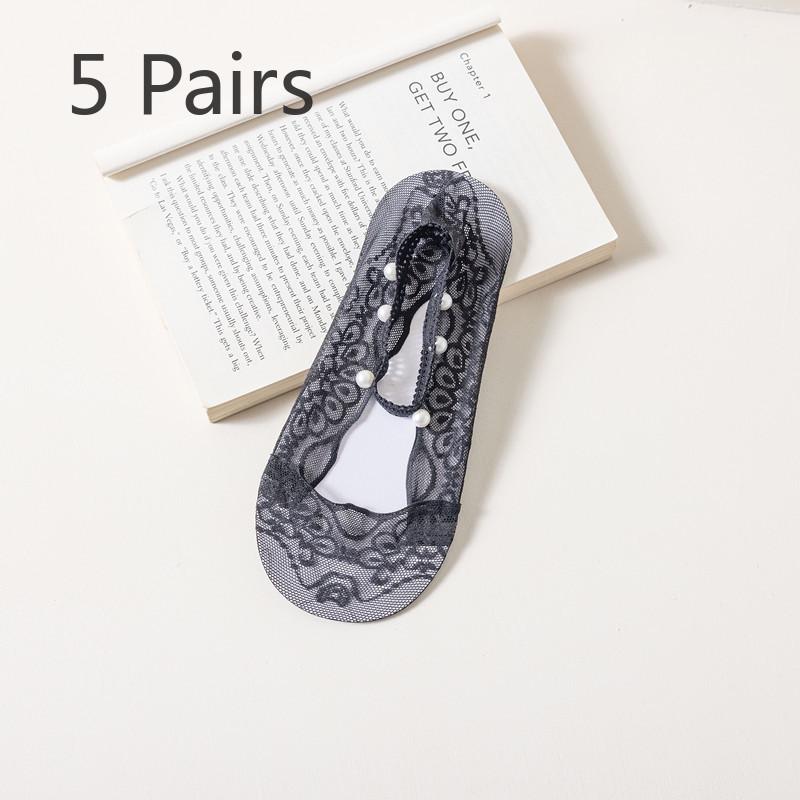 5 Pairs of Women's Summer Thin Lace Lace Lace Pearl Halter Boat Socks