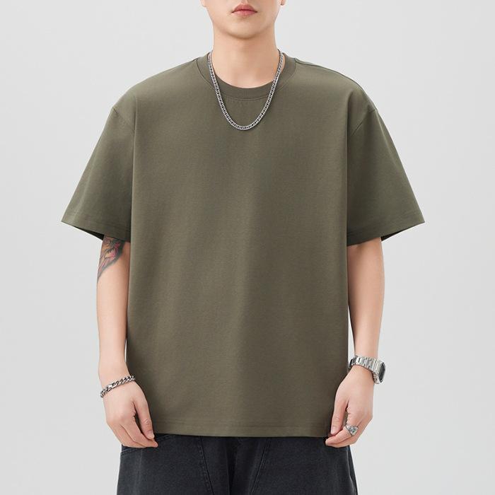 One Tone T-shirt Mens Short Relaxed Fit Versatile Round Neck Five-point Sleeves