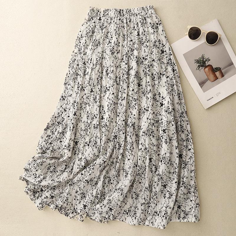 Women s Retro Floral A-Line High Waist Pleated Umbrella Skirt - Summer Slimming Design XL грязно-белый
