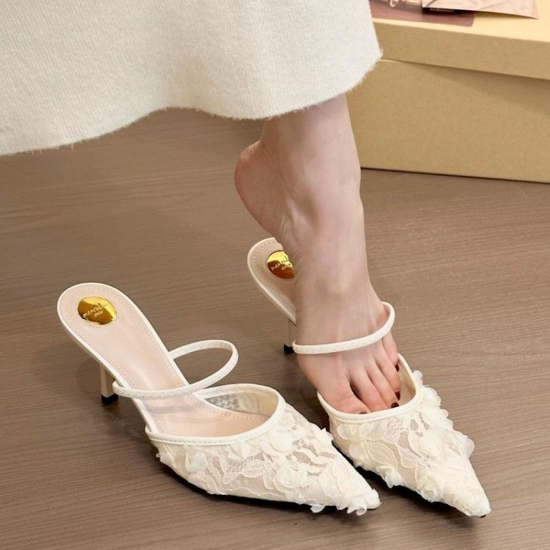 Modische mehrfarbige Damen-Slipper mit schlankem Absatz, mittlerem Absatz, geschlossener Zehenpartie, rutschfest, sexy, 2025, neue Sommer-Outdoor-Mesh-Mode-Slipper