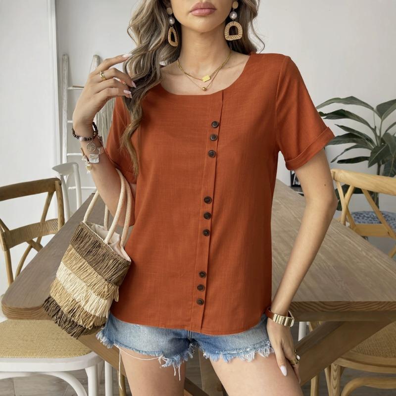 Womens Solid Color Button Short Sleeve Shirt Casual Daily Vacation