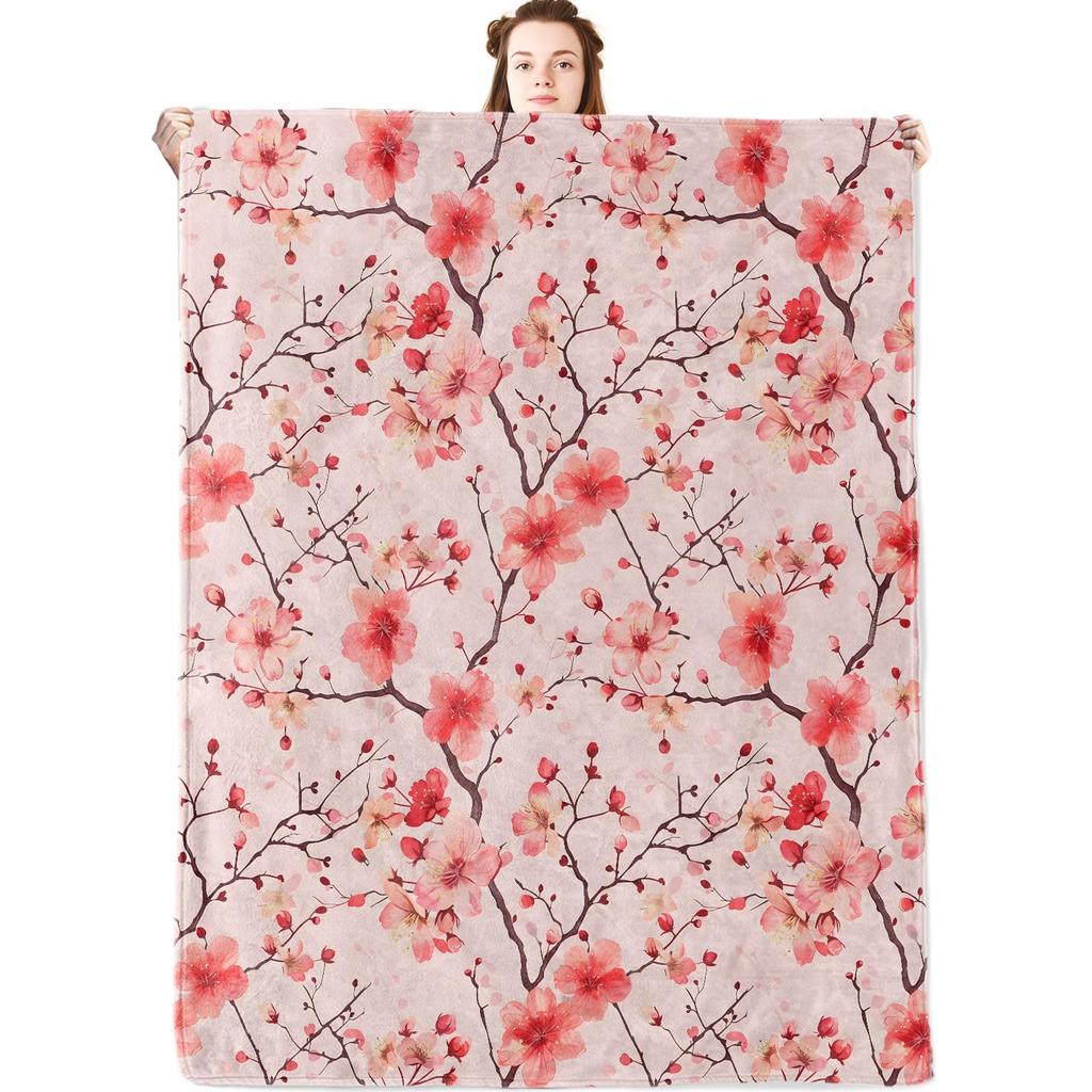 Girl'S Cherry Blossom Wool Blanket Women'S Floral Cherry Blossom Branch Suitable For Bed/Sofa Decoration Soft Plush Blanket