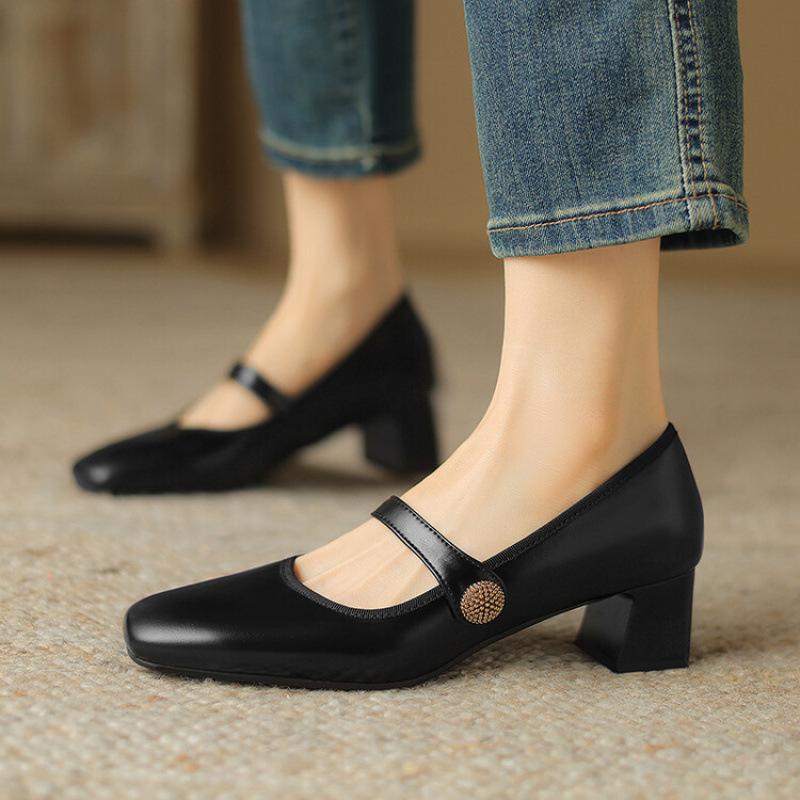 New Casual Beef Tendon Soft Sole Comfortable Women's Single Shoes Wear In All Seasons Women's Shoes Medium Heel Black Square Heel Small Leather Shoes