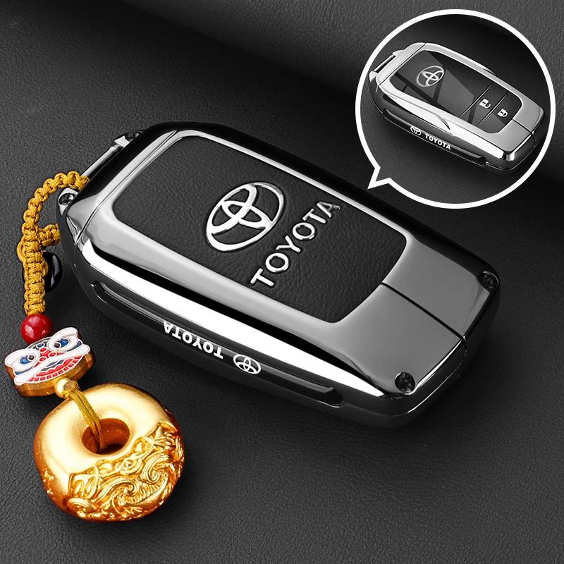 QHJS9 Zinc Alloy Leather Car Key Case Cover Shell for Toyota CHR Hilux Fortuner Land Cruiser 200 Camry Corolla Crown RAV4 Highland