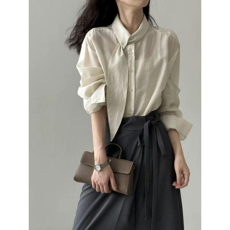 Women s Spring Loose French Scarf Collar Long Sleeve Shirt L (120-130) абрикосовый