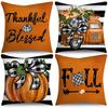2D Flat - 4pcs Thanksgiving Blessing Autumn Striped Truck Pumpkin Bow Fall Pillowcase, 2D Flat, Pillow Insert Not Included, Single-Sided Print, Suitab