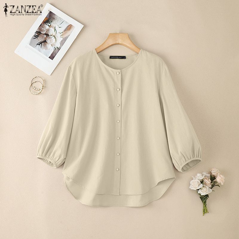 ZANZEA Damen Freizeit Rundhals Einfarbig 3/4 Ärmel Bluse