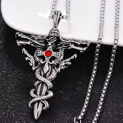 Punk Fashion Red Rhinestone Double Dragon Sword Pendant Necklace Vintage Cross Necklace For Men