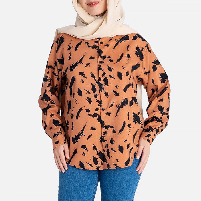 

Women s Retro Long-Sleeve Feather Print Lapel Shirt Small