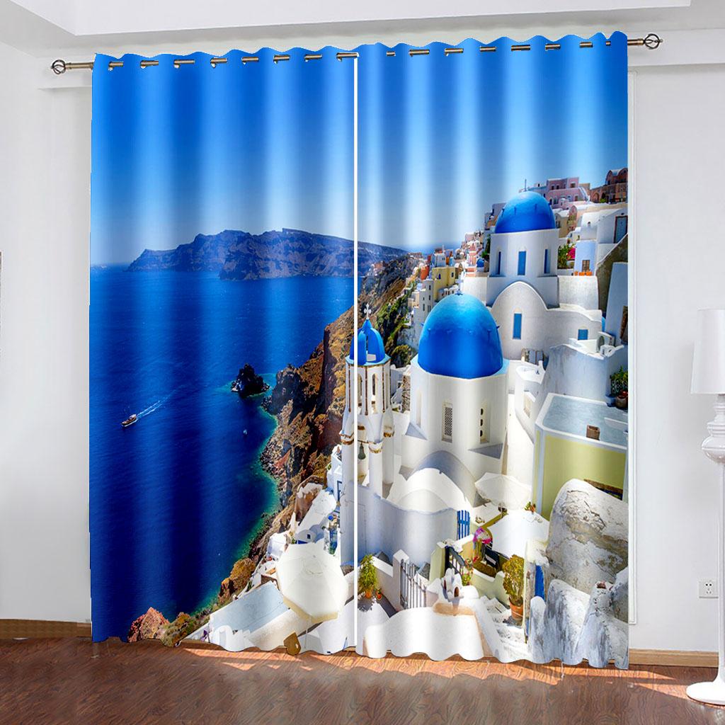Coastal Scenery Series Deluxe Living Room Bedroom Decoration Sunshade Curtain 2 Pieces of Hook Punch