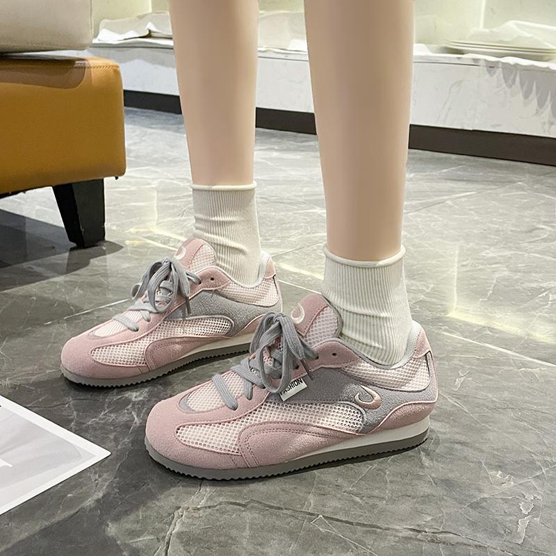 Fashion Mesh Breathable Casual Flats Women Summer New Round Toe Spliced Front Lace-Up Soft Sole Versatile Retro Fishnet Single Shoes