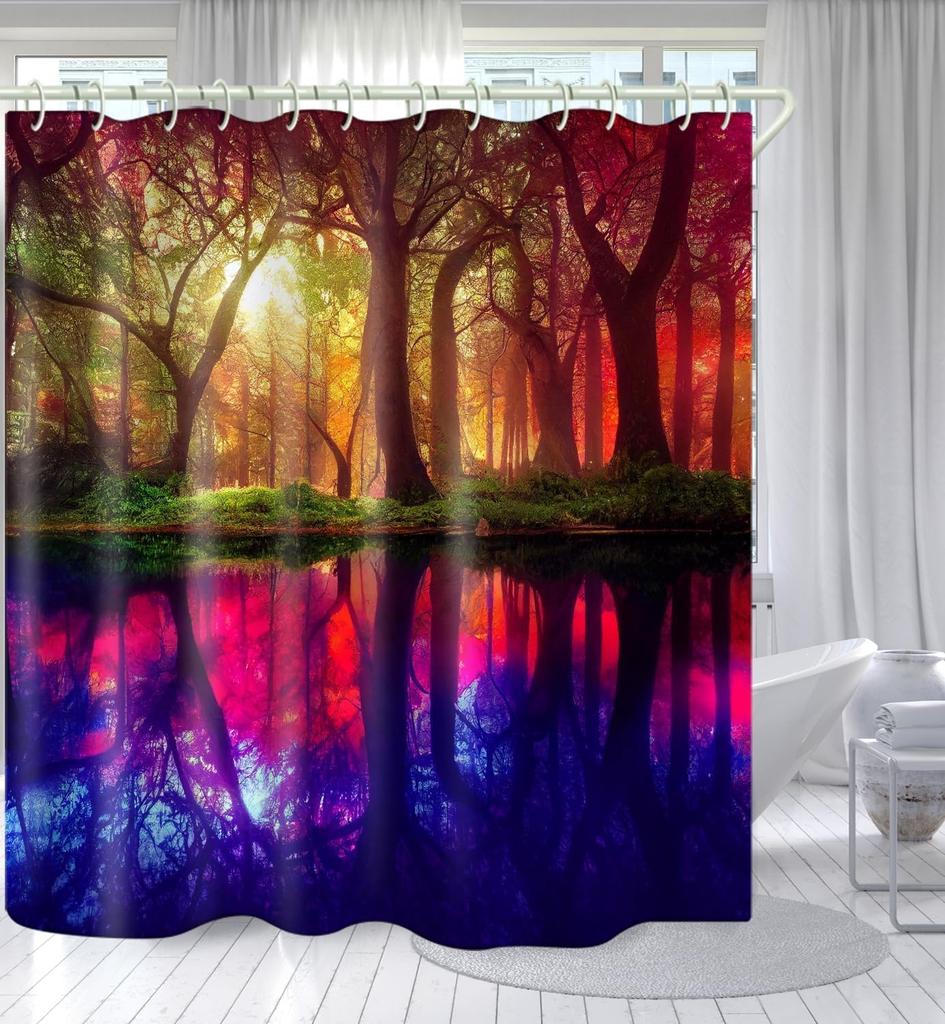 Łazienkowe Kolorowe Dekoracyjne Zasłony Prysznicowe z Motywem Leśnego Snu 3D, Tkaninowa Zasłona Prysznicowa z 12 Haczykami, Zasłony Prysznicowe do Wanny