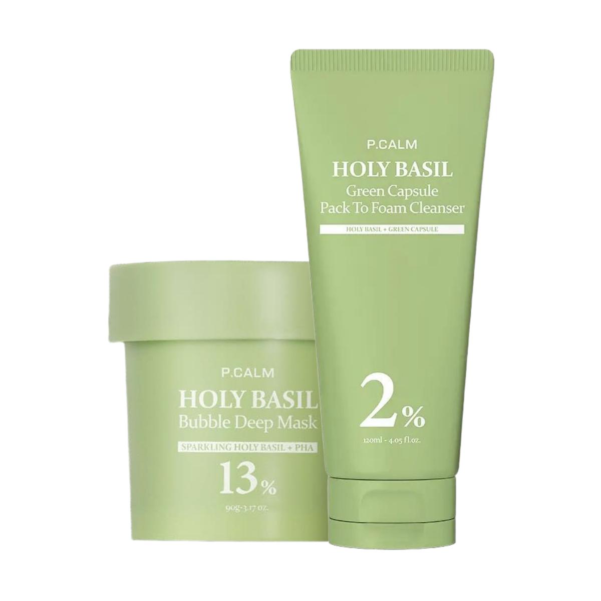 P.CALM Holy Basil Bubble Deep Mask 90g + Holy Basil Green Capsule Pack-to-Foam Cleanser 120ml
