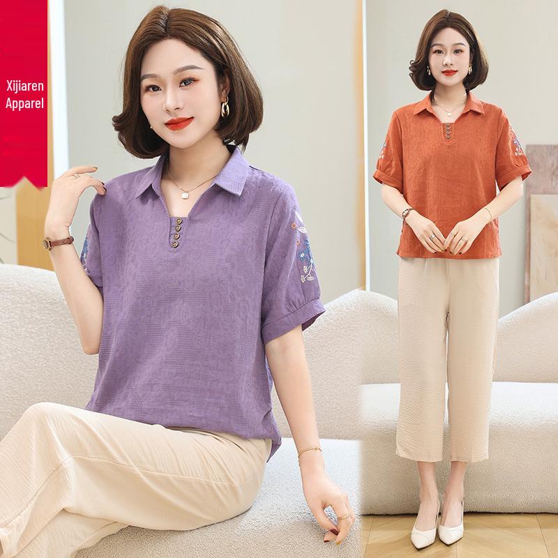 Women's Summer Short-Sleeved Cotton-Linen Top for Middle-Aged Ladies