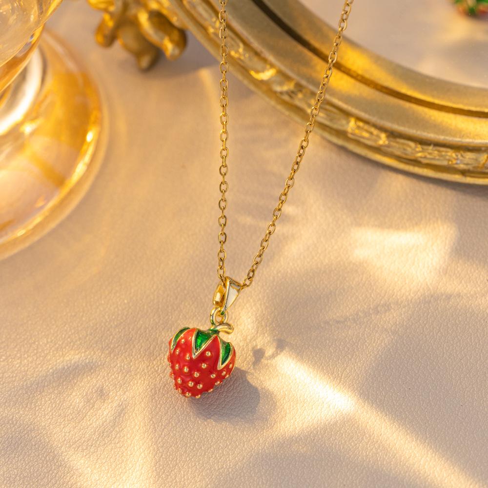 Women Girls Sweet Cute Strawberry Series Pendant Necklace Stainless Steel Chain Lovely Strawberry Fruit Jewelry Accessories Gift