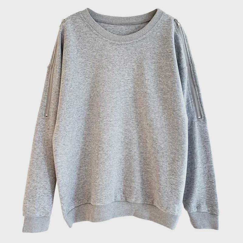 2023 Off-Shoulder Loose Fit Korean Style Women's Round Neck Zipper Sweatshirt for Fall/Winter