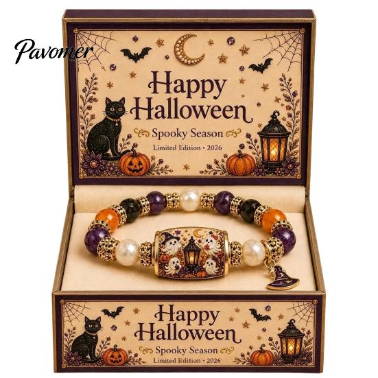 Cute Halloween Themed Gift Stretch Beaded Bracelet with Box, Black Cat Pumpkin Ghost Stylish Wrist Accessory for Parties Crow Witch Hat/Moon