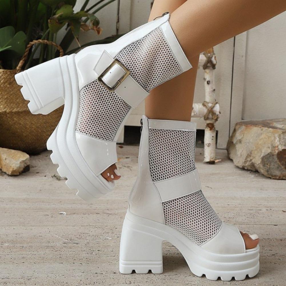 Fashion Chunky Heel Sandals Summer New Round Head Open Toe Splicing Mesh Metal Buckle Back Zipper Waterproof Platform High Heels