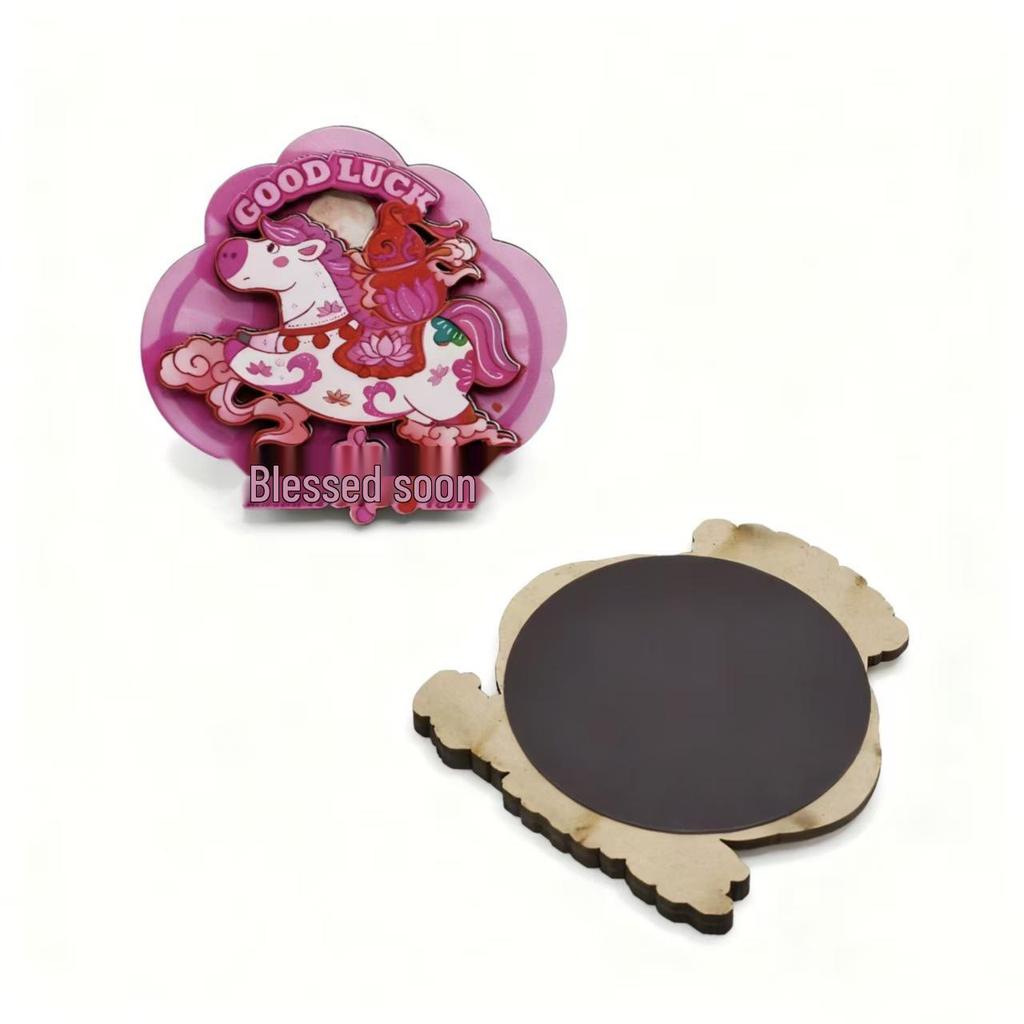 2026 Jahr des Pferdes Holz Cartoon Kühlschrankmagnet - Frühlingsfest Atmosphäre