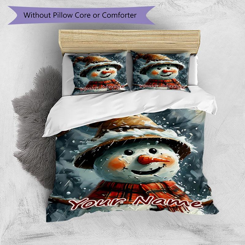 3PC Custom Name Snowman Winter Magic Bedding Set Duvet Cover Closure Includes 1 Duvet Cover & 2 Pillowcases for Bedroom
