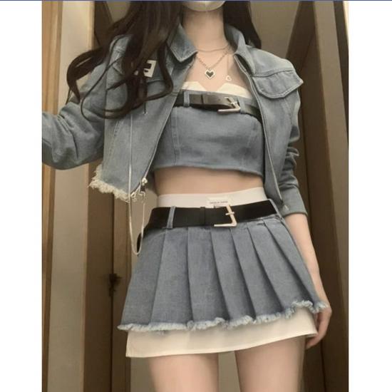 

Cool Chic Denim Tube Top & Pleated Skirt Set - Spicy Girl Style L