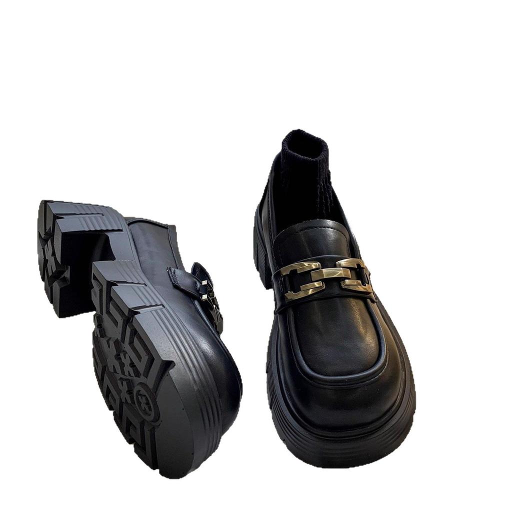 2025 spring new versatile French round head thick heel platform British single shoes black retro loafer small leather shoes women