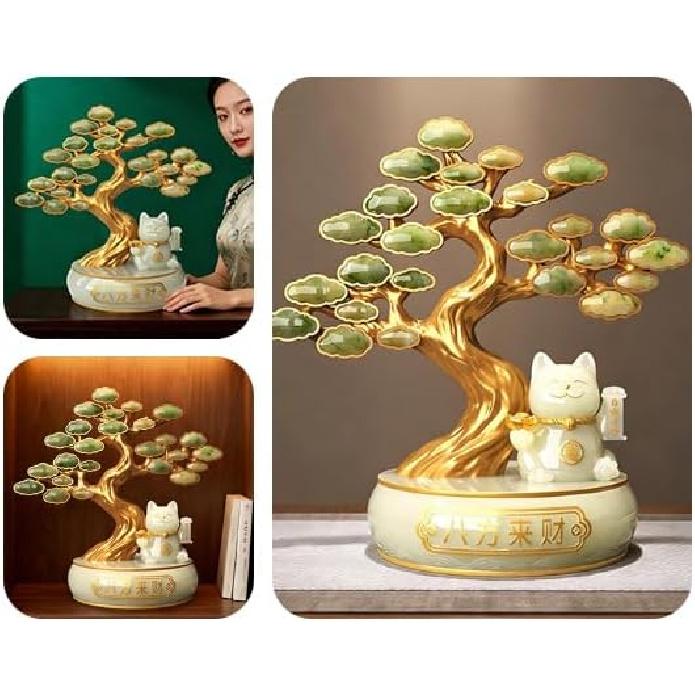 Aris & Juno Lucky Fortune Cat & Welcome Pine Tree Figurine - Elegant Home Office Decor for Wealth and Good Luck