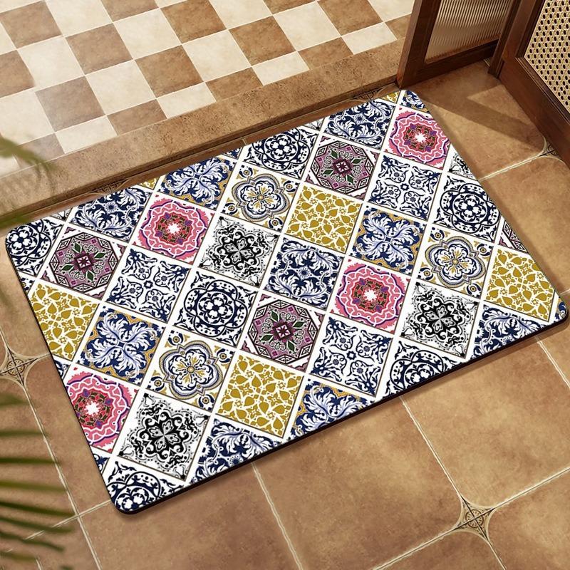 Retro Persian Grid Ethnic Style Diatomaceous Mud Floor Mat Bathroom Absorbent Anti Slip Foot Mat Entrance Foyer Door Mat