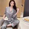Luxury Ice Silk Pajamas for Women: Spring/Autumn Long Sleeve & Pants, Color Block Korean Style Homewear