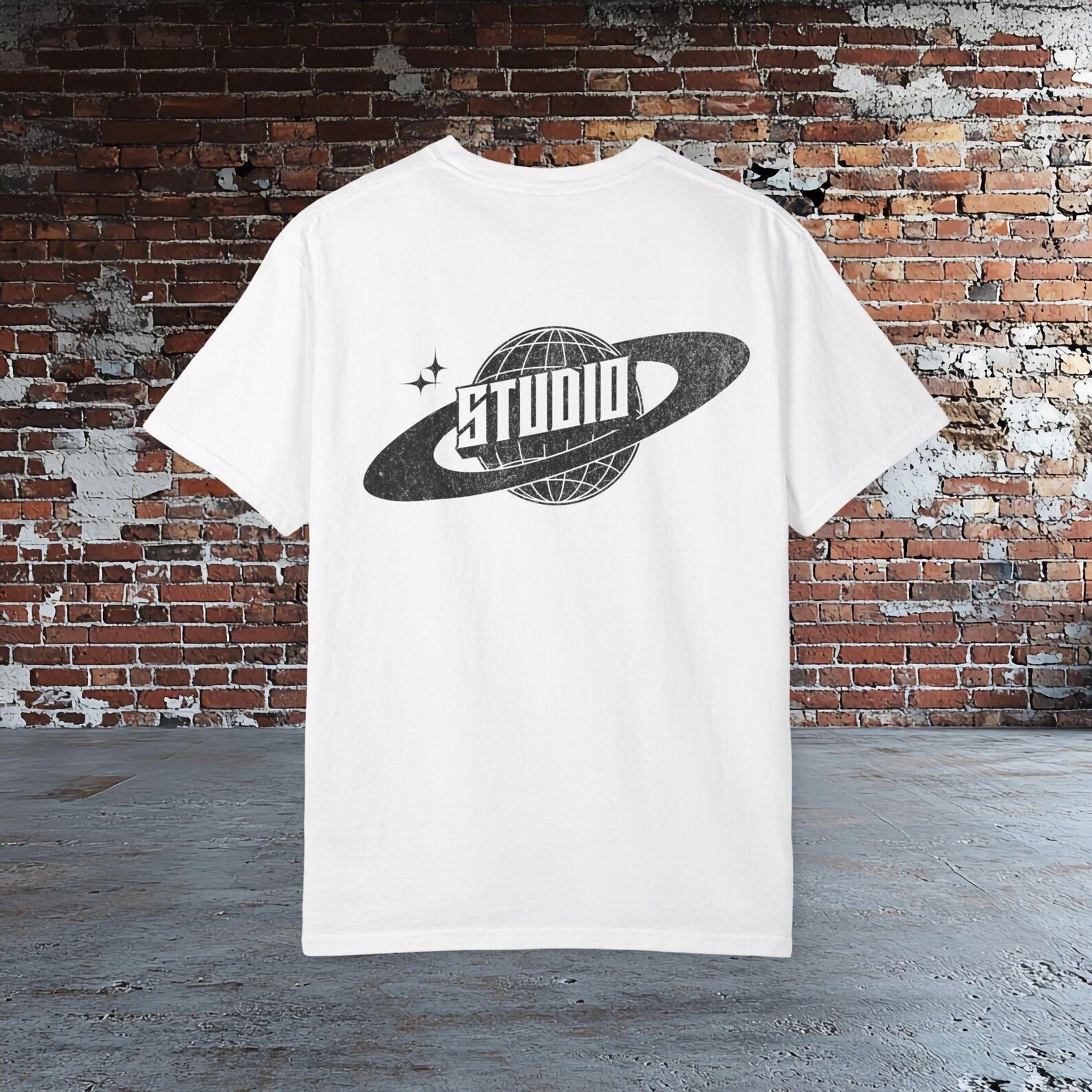Studio PlaneT shirt, Minimal Space Tee, Streetwear Graphic T shirt, Aesthetic Galaxy Shirt, Modern Logo Tee, Unisex Casual Shirt XL