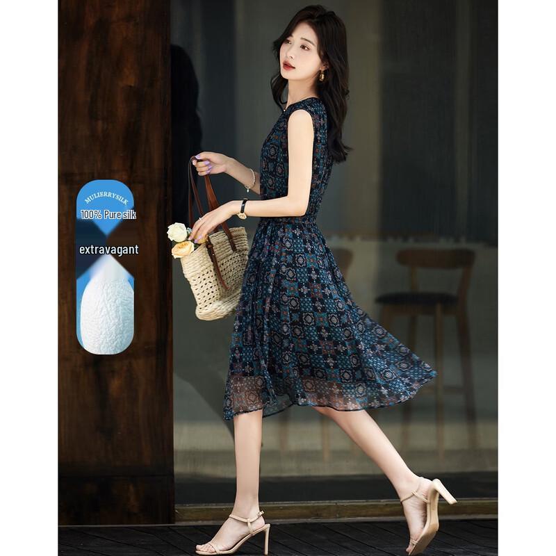 Demana Women s Floral Print Mulberry Silk Sleeveless A-Line Midi Dress S