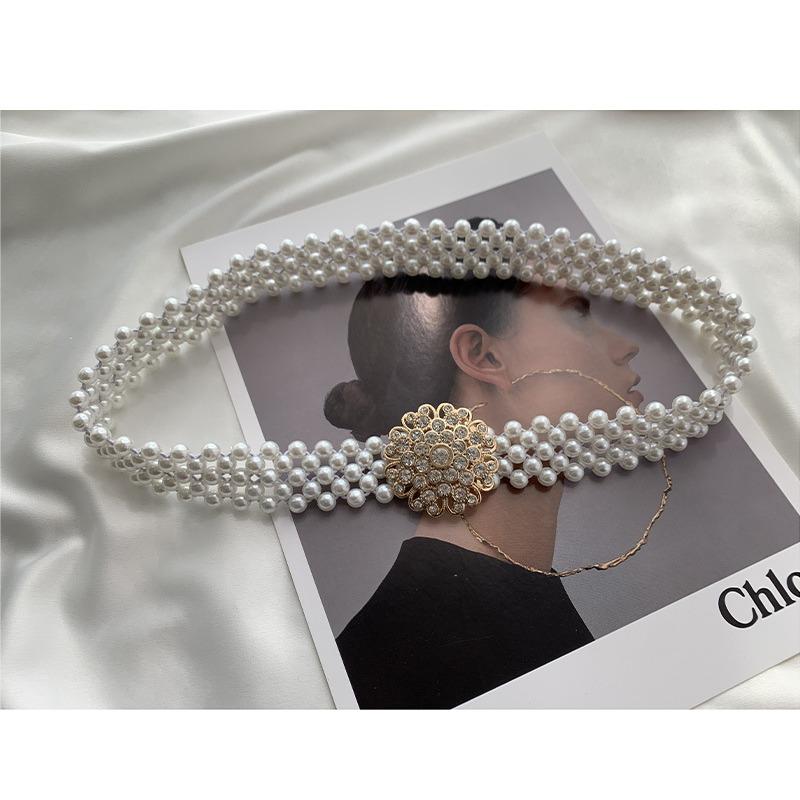 Pearl Waist Chain Ladies Belt Fashion Dress Decorative Rhinestone Elastic Beaded Elastic Waist Seal