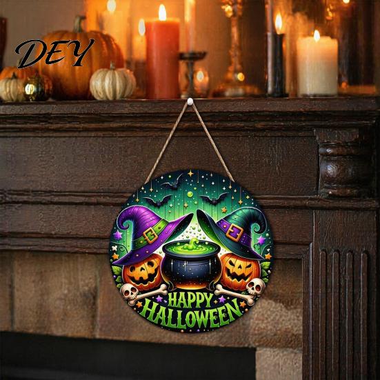 Halloween Gift for Friends Happy Front Door Hanging Sign, Retro Round Witch Hat Magic Cauldron Horror Sign Wooden Welcome Pendant Wall Window