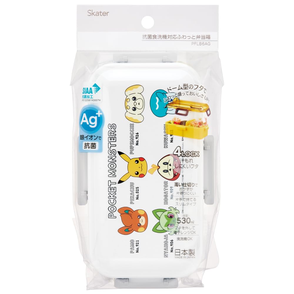 Skater Bento Single Made In Dishwasher and Microwave Face Box, 530ml, Tier, Japan, Leak-Resistant, 4-Point Lock, Safe, Pokémon Design, PFLB6AG-A