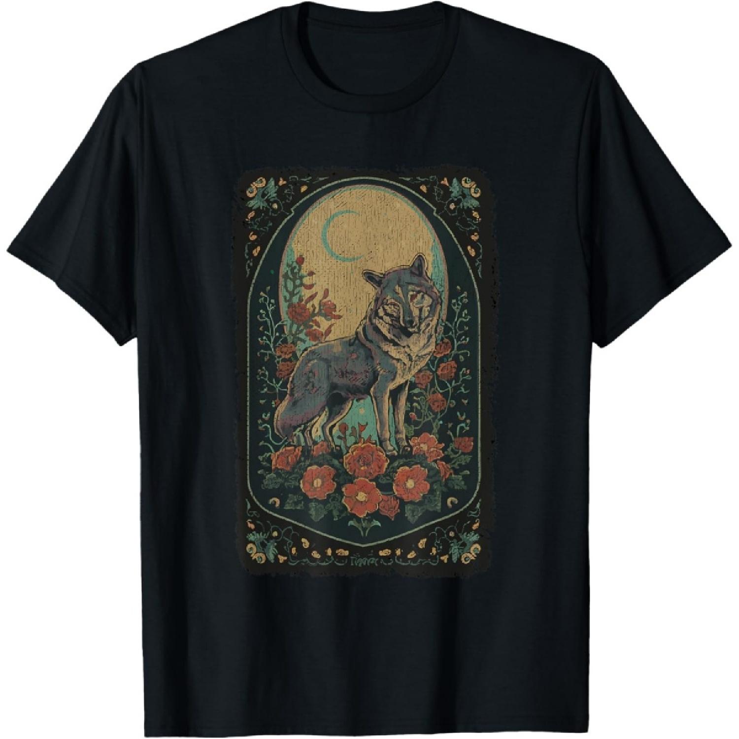 Wolf Tarot Card Women Full Moon Cottagecore Kids Floral Wolf T-Shirt S