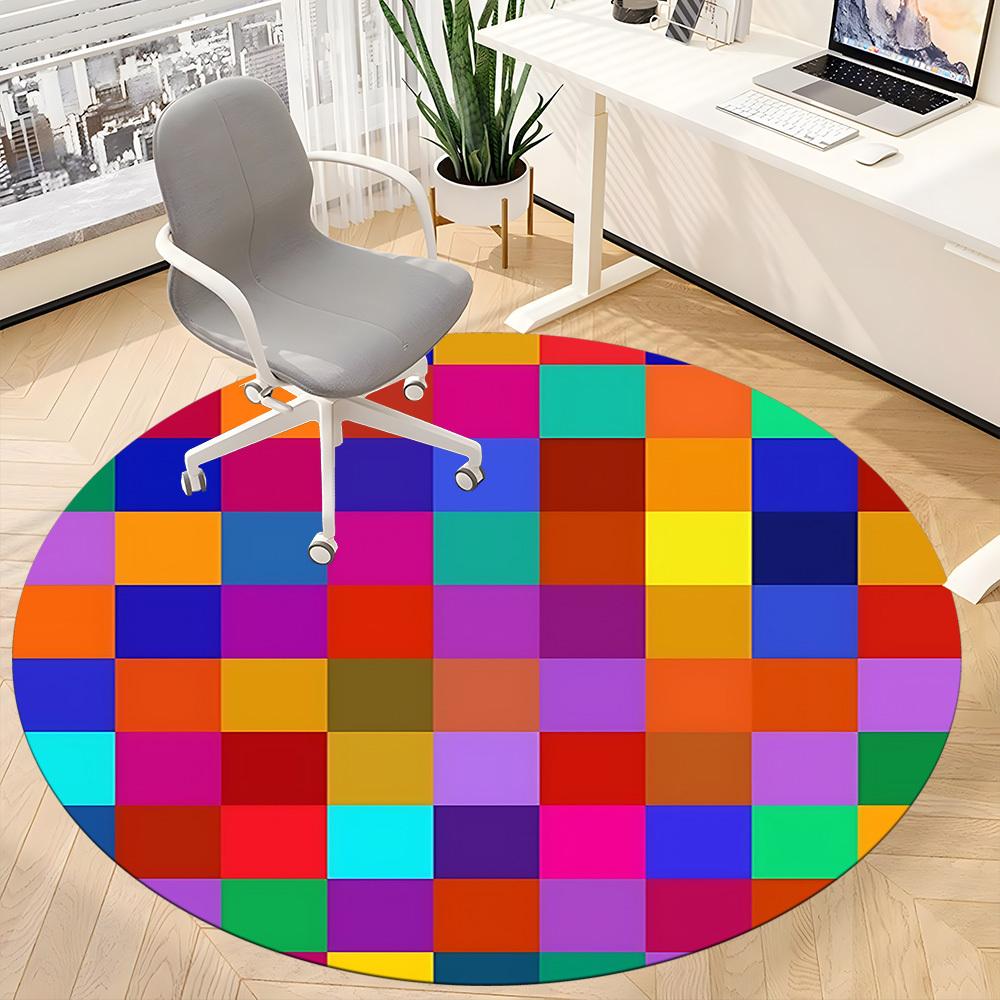 1pc Colorful Checkered Pattern Chair Carpet for Office, Round Polyester Mat, Indoor Decor for Office, Easycare Fabric, Washable Non-slip Area Carpet