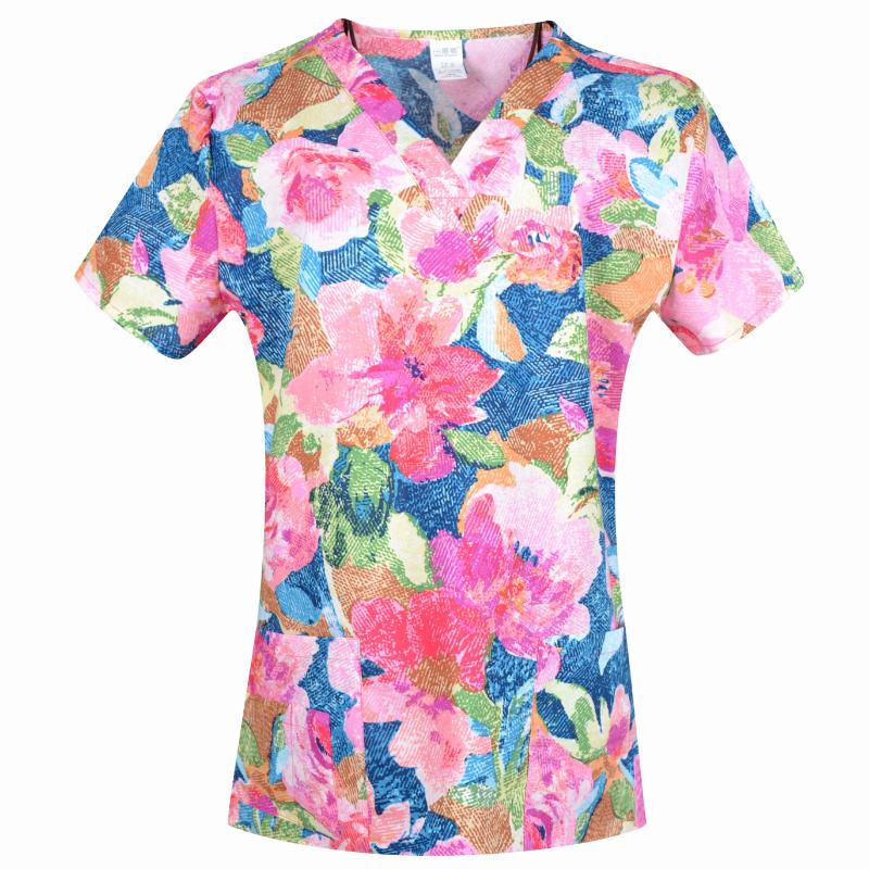 Hennar High Quality Print Scrub UniformFor Women In 100% Cotton 4 pockets,XXS-5XL Medical Scrub Tops