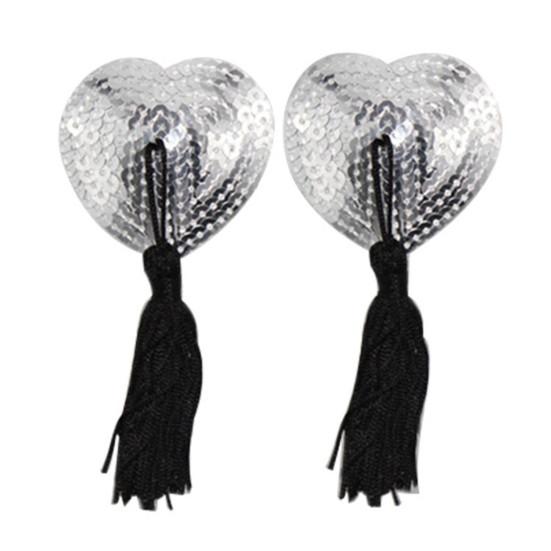 1 Pair Nipple Covers Sequins Shiny Heart Shape Nippleless Stickers Tassels Self-Adhesive Invisible Chest Pads for Home
