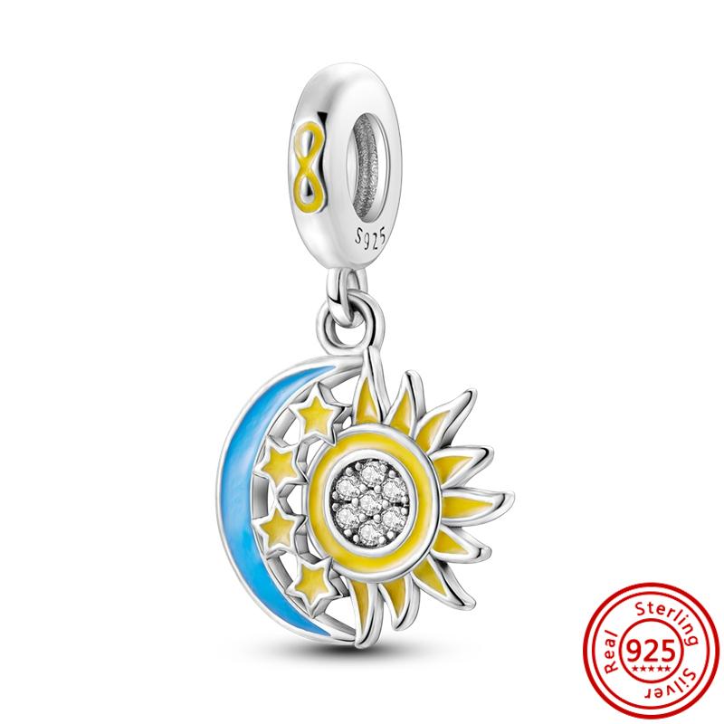 925 Sterling copper Star Moon Sun Airplane Travel Passport Postcard Pendant Blue Beads Fit Pantaro Charms Bracelet Women Zircon