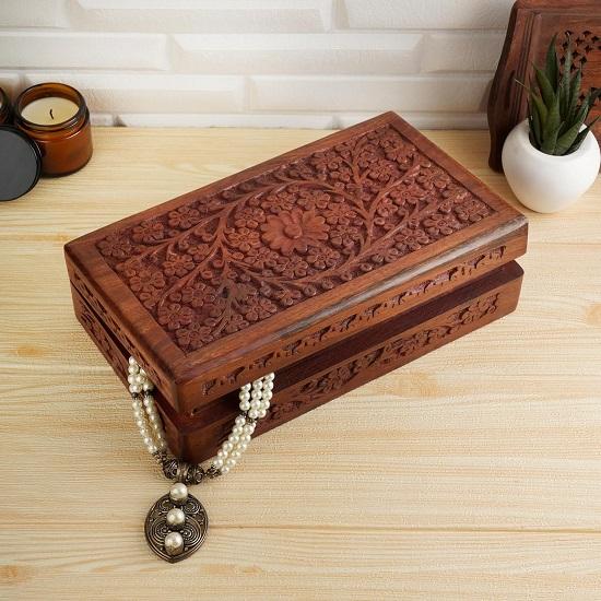 Christmas Gifts Sale Hand Carved Wooden Decorative Floral Carvings Trinket Jewellery Box Storage