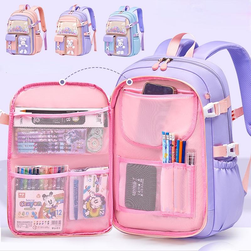 Grundschulrucksack 1.-5. Klasse Niedliche bunte Schultasche für Mädchen Wasserdicht Große Kapazität Cartoon-Hase Mochila Escolar