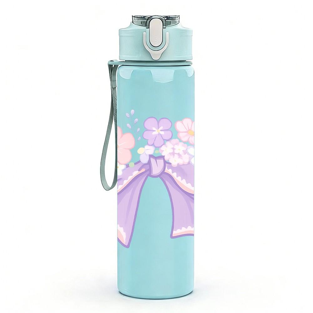 1PC Light Purple Bow Flower 750ml Color Plastic Sports Water Bottle Leakproof Flip Straw Lid Suitable for Sports Office Home Use