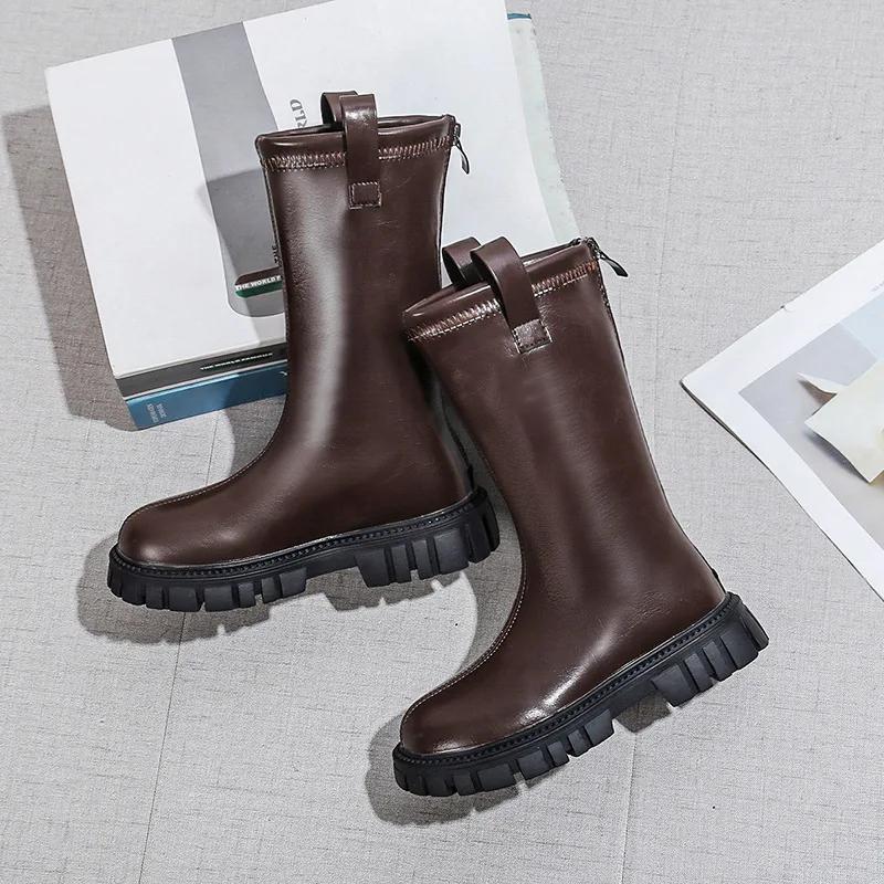 

Обувь для девочки Платформа Девочка Высокий сапог ЗимаНовый Плюшевый Кожаный Сапог Мода Принцесса Сапог Британская Обувь для Девочки Детская Обувь Дизайнерская Обувь 35-insole 21.4cm коричневый