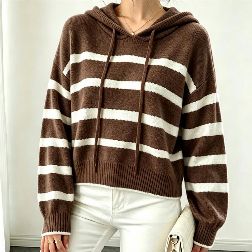 Women's Hooded Striped Pullover Knit Sweater for Fall Winter